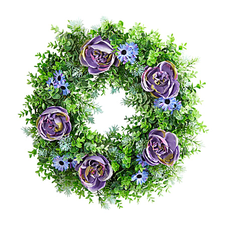 Nearly Natural Rose, Daisy and Greens 22”H Artificial Wreath, 22”H x 22”W x 5”D, Purple