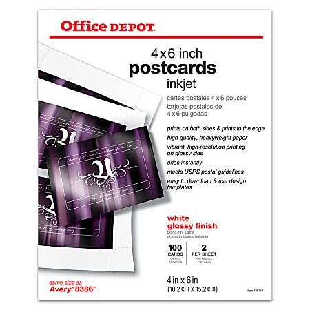 Office Depot® Inkjet Postcards, 4" x 6", Glossy, 2 Cards Per Sheet, Pack Of 100