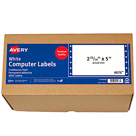 Avery® Continuous Form Permanent Address Labels, 4076, Rectangle, 5" x 2 15/16", White, Box Of 3,000