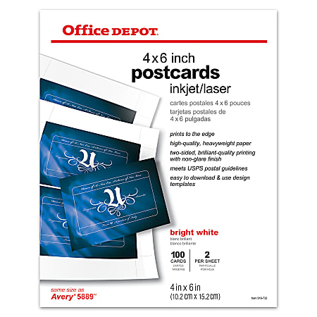 Office Depot® Brand Inkjet/Laser Post Cards, 4" x 6", Bright White, Pack Of 100