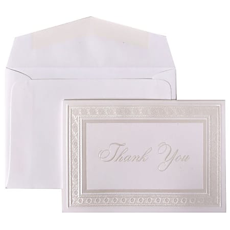 JAM Paper® Thank You Card Set, 4 7/8" x 3 3/8", 65 Lb, Bright White/Pearl Border, Set Of 104 Cards And 100 Envelopes