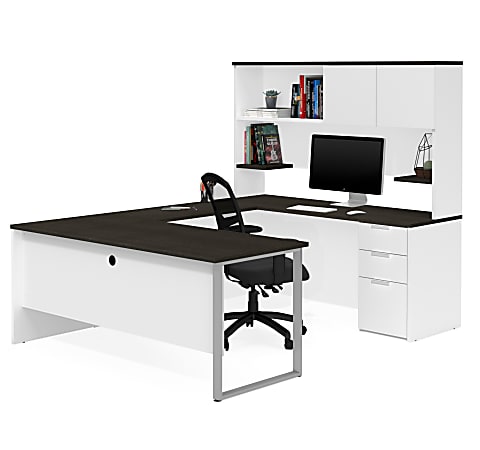 Bestar Pro-Concept Plus 72"W U-Shaped Executive Computer Desk With Pedestal And Hutch, White/Deep Gray