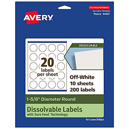 Avery® Print-to-the-Edge Dissolvable Labels With Sure Feed® Technology, 94507-DWMP10, Round, 1-5/8", Matte Off-White, Pack Of 200