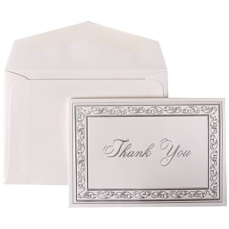 JAM Paper® Thank You Card Set, 4 7/8" x 3 3/8", 65 Lb, Bright White/Silver Border, Set Of 104 Cards And 100 Envelopes