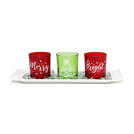 Elegant Designs Merry & Bright Christmas Candle Holder Set, 3-1/2” x 5” x 14”, Green/Red, Set Of 3 Holders