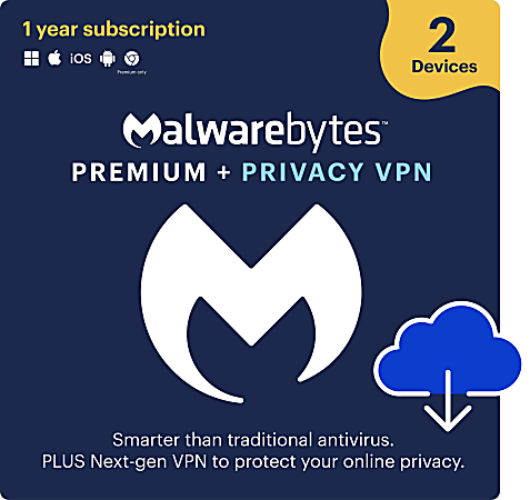 Malwarebytes Premium + Privacy VPN, For 2 Devices, 1-Year Subscription, For Windows®/Mac/Android, Download
