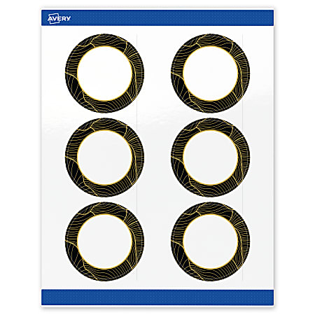 Avery® Printable Labels With Sure Feed® Technology, S00-ETM, Round, 3", Glossy White With Preprinted Black/Gold Vein Border, Pack Of 60