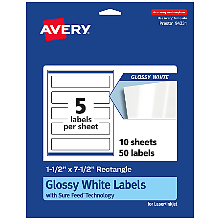 Avery® Glossy Permanent Labels With Sure Feed®, 94231-WGP10, Rectangle, 1-1/2" x 7-1/2", White, Pack Of 50