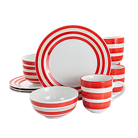 Gibson Home Sunset Stripes 12-Piece Dinnerware Set, Red
