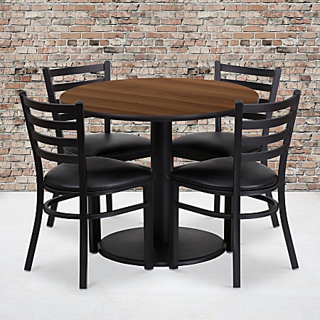 Flash Furniture Round Laminate Table Set With Round Base And 4 Ladder-Back Metal Chairs, 30"H x 36"W x 36"D, Walnut/Black