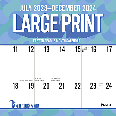2023-2024 Plato 18-Month Monthly Matte Square Wall Calendar, 12" x 12", Large Print, July To December