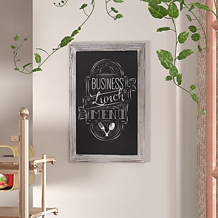 Flash Furniture Canterbury Wall-Mounted Magnetic Chalkboard Sign With Eraser, Porcelain Steel, 30"H x 20"W x 3/4"D, White Washed Frame