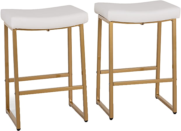 ALPHA HOME Saddle Design PU Leather Counter-Height Stools, White/Gold, Set Of 2 Stools