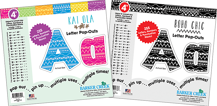 Barker Creek Letter And Number Pop Outs, 4", Kai Ola/Boho Chic, 255 Letters And Numbers Per Pack, Set Of 2 Packs