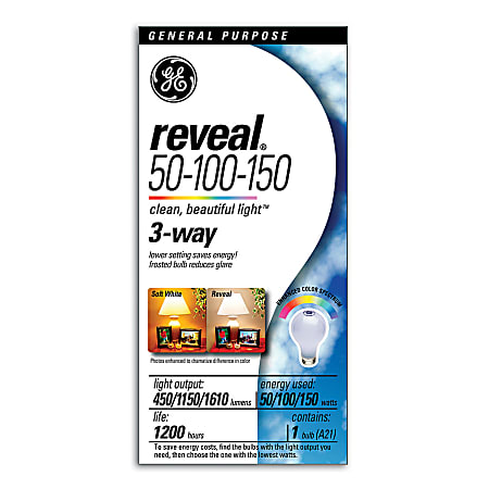 GE Reveal 3-Way Light Bulb, 50 Watts/100 Watts/150 Watts