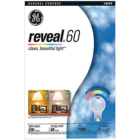 GE Reveal Bulbs, 60 Watts, Pack Of 4