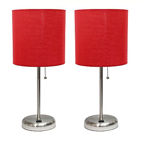 LimeLights Stick Lamps 19 12 H Red ShadeBrushed Steel Base Set Of 2 Lamps Office Depot