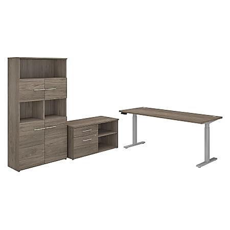 Bush Business Furniture Office 500 Height-Adjustable Standing Desk With Storage And Bookcase, 72"W, Modern Hickory, Standard Delivery