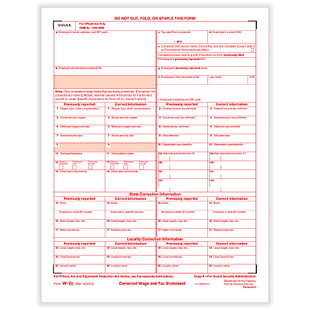 ComplyRight® W-2C Tax Forms, Federal Copy A, Laser, 8-1/2" x 11", White, Pack Of 50 Forms