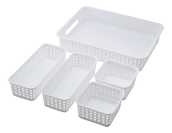 Realspace® Plastic Weave Bins, Assorted Sizes, White, Pack
