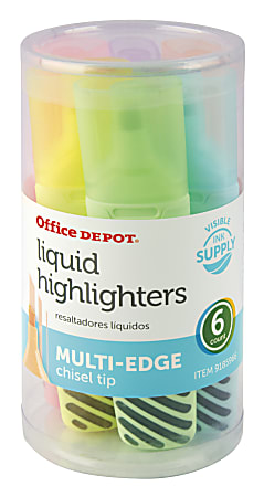 Office Depot® Brand Felt Liquid Highlighters, Chisel Points, Assorted Pastel Barrels, Assorted Pastel Ink Colors, Pack Of 6 Highlighters