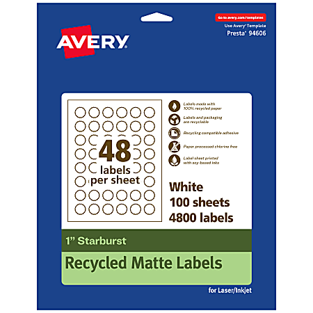 Avery® Recycled Paper Labels, 94606-EWMP100, Starburst, 1", White, Pack Of 4800
