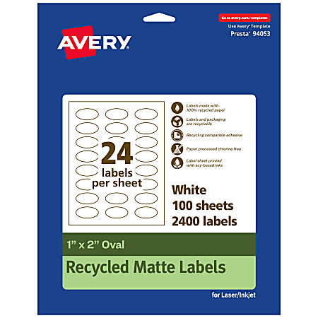 Avery® Recycled Paper Labels, 94053-EWMP100, Oval, 1" x 2", White, Pack Of 2400