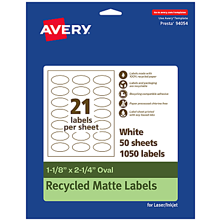 Avery® Recycled Paper Labels, 94054-EWMP50, Oval, 1-1/8" x 2-1/4", White, Pack Of 1050