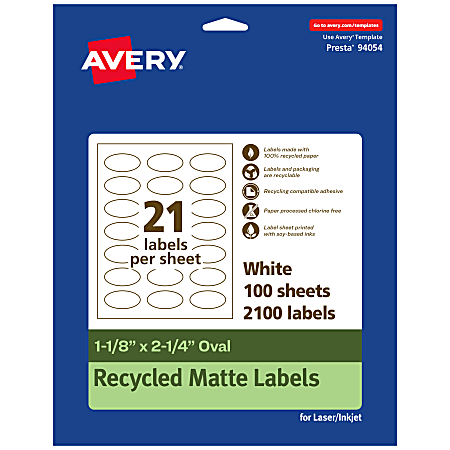 Avery® Recycled Paper Labels, 94054-EWMP100, Oval, 1-1/8" x 2-1/4", White, Pack Of 2100