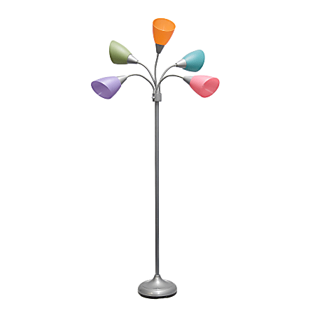 Simple Designs 5-Light Adjustable Gooseneck Floor Lamp, 67"H, Assorted Shade/Silver Base