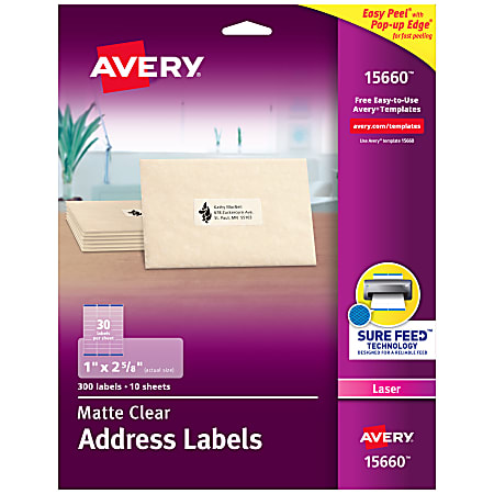 Avery® Matte Address Labels With Sure Feed® Technology, 15660, Rectangle, 1" x 2-5/8", Clear, Pack Of 300