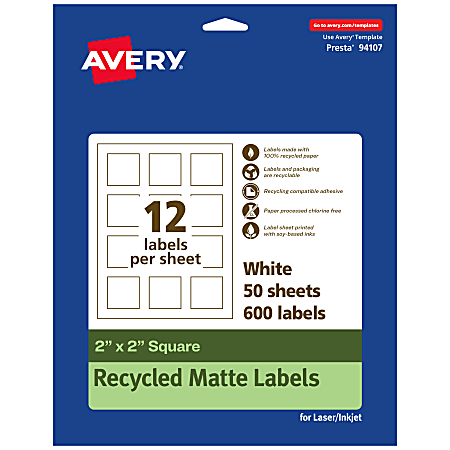 Avery® Recycled Paper Labels, 94107-EWMP50, Square, 2" x 2", White, Pack Of 600