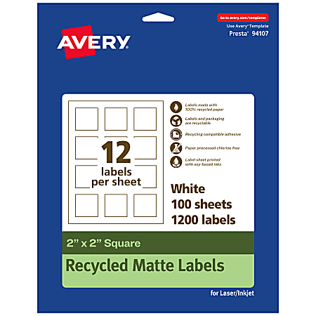 Avery® Recycled Paper Labels, 94107-EWMP100, Square, 2" x 2", White, Pack Of 1200