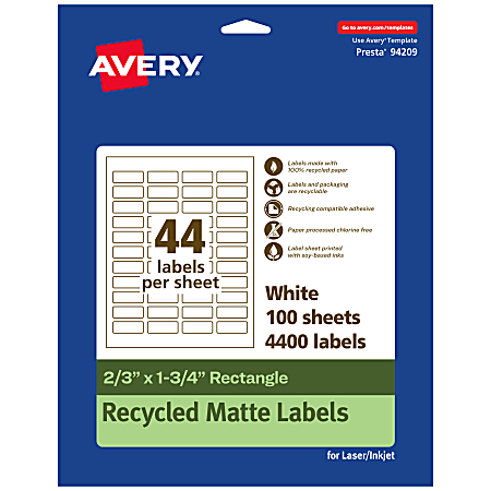 Avery® Recycled Paper Labels, 94209-EWMP100, Rectangle, 2/3" x 1-3/4", White, Pack Of 4400