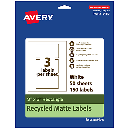 Avery® Recycled Paper Labels, 94213-EWMP50, Rectangle, 3" x 5", White, Pack Of 150