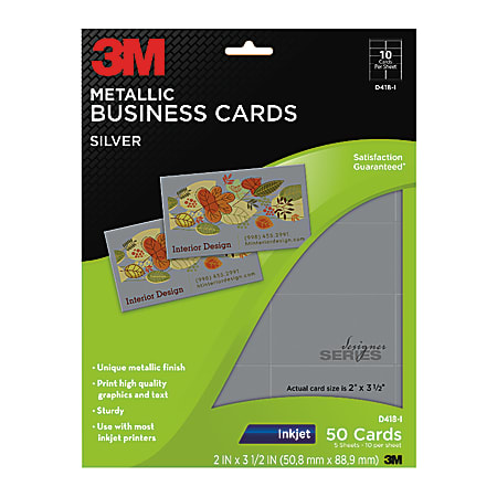 3M™ Metallic Business Cards, 3 1/2" x 2", Silver, Pack Of 50