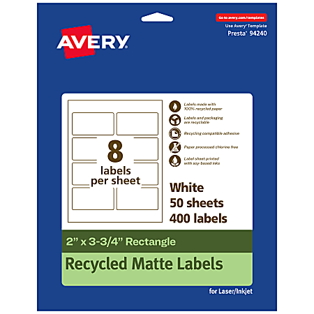 Avery® Recycled Paper Labels, 94240-EWMP50, Rectangle, 2" x 3-3/4", White, Pack Of 400