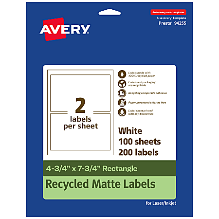 Avery® Recycled Paper Labels, 94255-EWMP100, Rectangle, 4-3/4" x 7-3/4", White, Pack Of 200
