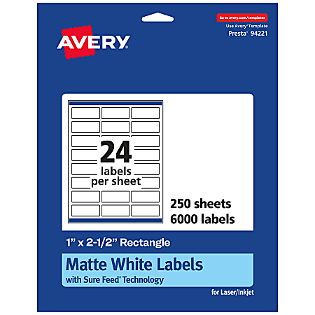 Avery® Permanent Labels With Sure Feed®, 94221-WMP250, Rectangle,