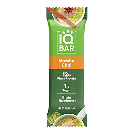 IQ BAR Brain Fuel Protein Bars, Matcha Chai, 1.6 Oz, Box Of 24 Bars
