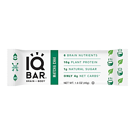 IQ BAR Brain Fuel Protein Bars, Matcha Chai, 1.6 Oz, Box Of 24 Bars