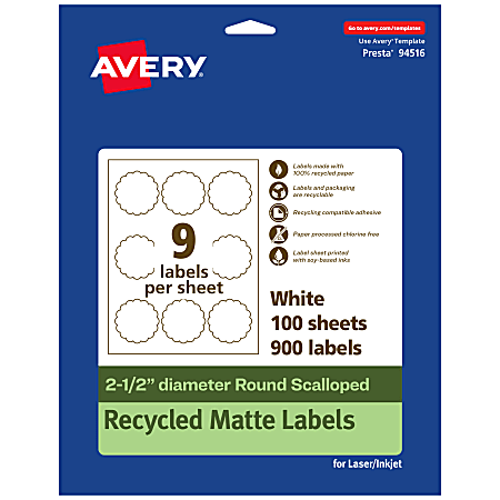 Avery® Recycled Paper Labels, 94516-EWMP100, Round Scalloped, 2-1/2", White, Pack Of 900