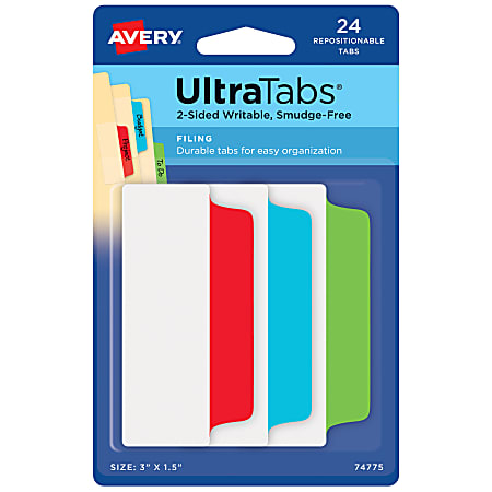 Avery® Filing Ultra Tabs®, 3" x 1.5", 24 Repositionable File Tabs, 2-Side Writable, Red/Blue/Green