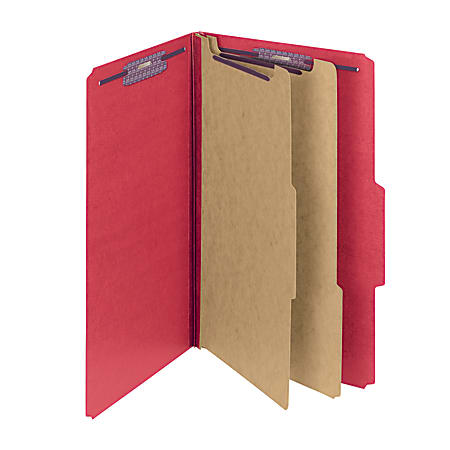 Smead&reg; Pressboard Classification Folder, 2 Dividers, Legal Size, 50% Recycled, Bright Red