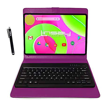 LINSAY 12  Octa Core 256GB  Storage Android 14 Tablet with Purple Style Keyboard Pen Stylus