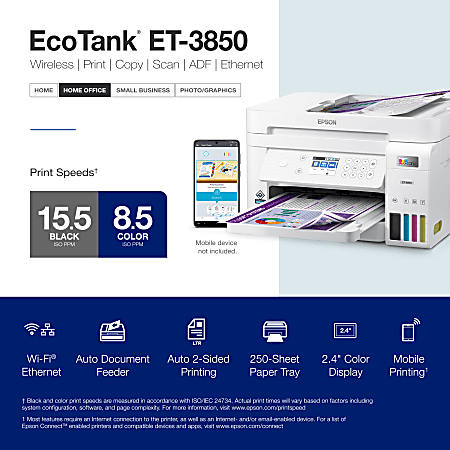  Epson EcoTank ET-3850 Wireless Color All-in-One Cartridge-Free  Supertank Printer with Scanner, Copier, ADF and Ethernet – White (Renewed)  : Office Products