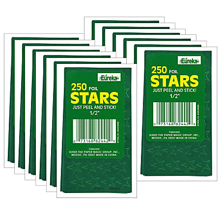 Eureka Presto-Stick Foil Star Stickers, 1/2", Green, 250 Stickers Per Pack, Set Of 12 Packs