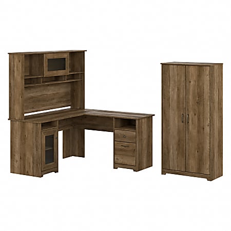 Bush Business Furniture Cabot 60"W L-Shaped Corner Desk With Hutch And Tall Storage Cabinet With Doors, Reclaimed Pine, Standard Delivery