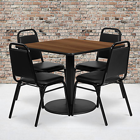 Flash Furniture Square Laminate Table Set With Round Base And 4 Trapezoidal Back Banquet Chairs, 30"H x 36"W x 36"D, Walnut/Black