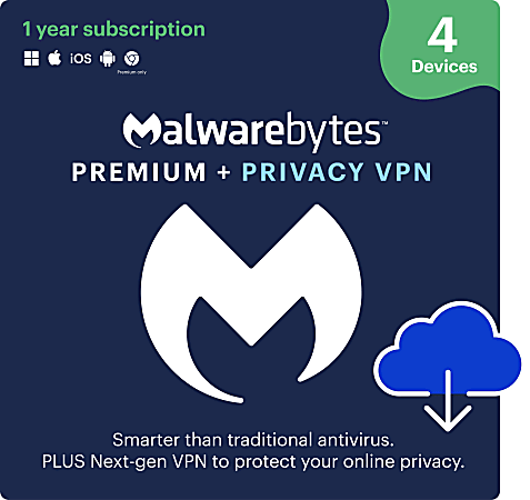 Malwarebytes Premium + Privacy VPN, For 4 Devices, 1-Year Subscription, For Windows®/Mac/Android, Download